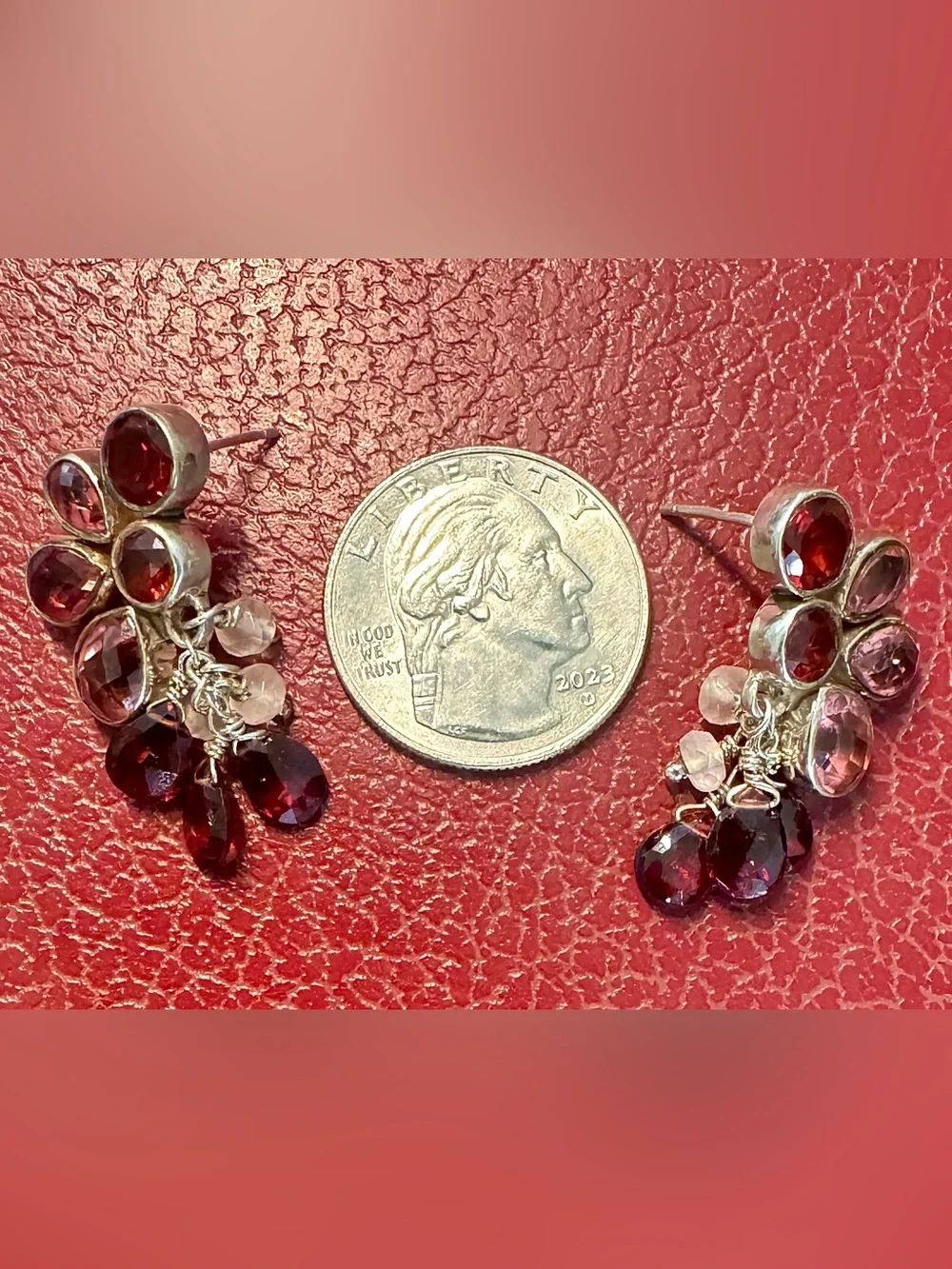 Vtg SAJEN Sterling Silver Pink Tourmaline Garnet Cluster Drop Earrings